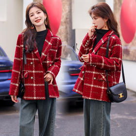 冬季新款，小香风外套女气质粗花呢红格子加厚90白鸭绒羽绒服HR-MYL8205