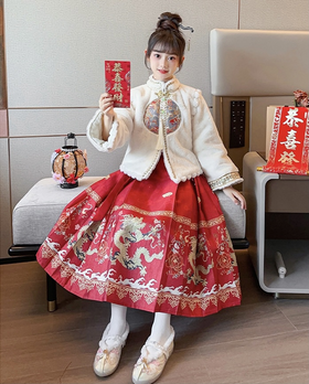 【5-7天发】千韵岗秋冬新中式汉服儿童马面裙套装龙凤呈祥拜年服两件套