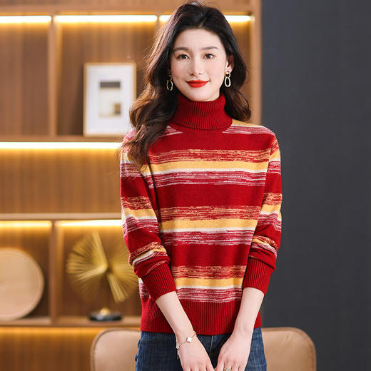 秋冬季新款，女士加厚条纹拼色打底衫高领洋气宽松内搭翻领毛衣CC-101-35363 商品图1