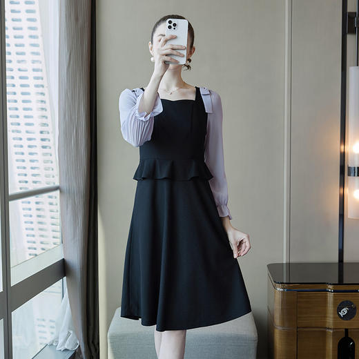 奢姿2024春季新款大码女装撞色荷叶袖裙子胖妹妹方领蝴蝶结连衣裙9941826088 商品图1