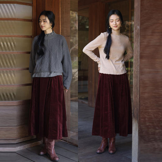 绽放931朵/改良版马面裙A字遮肉显瘦飘逸红棕色灯芯绒长款半身裙 商品图1