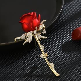 韩版大气红色玫瑰花锆石胸花，高档奢华铜镀真金胸针BY