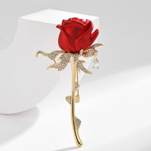 韩版大气红色玫瑰花锆石胸花，高档奢华铜镀真金胸针BY 商品图1
