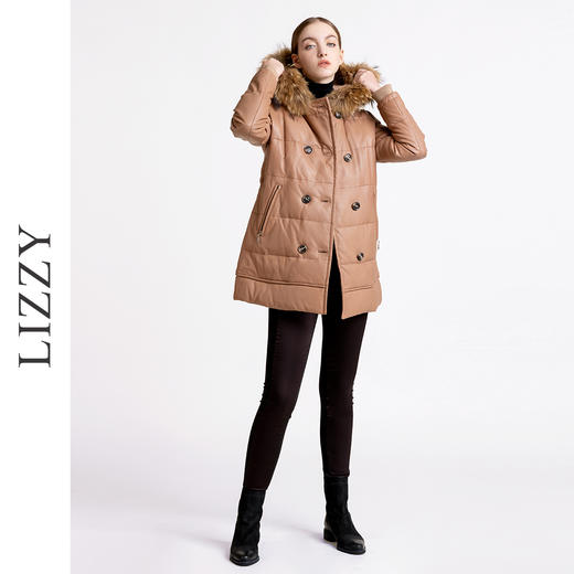 LIZZY优雅绵羊皮带饰貉子毛条帽长袖充白鸭绒A摆皮羽绒大衣外套女4662 商品图1