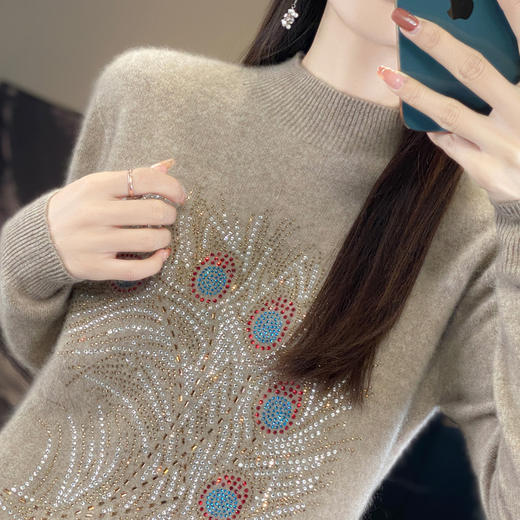 时尚宽松显瘦针织毛衣烫钻半高领套头打底衫QH-NJR388 商品图0