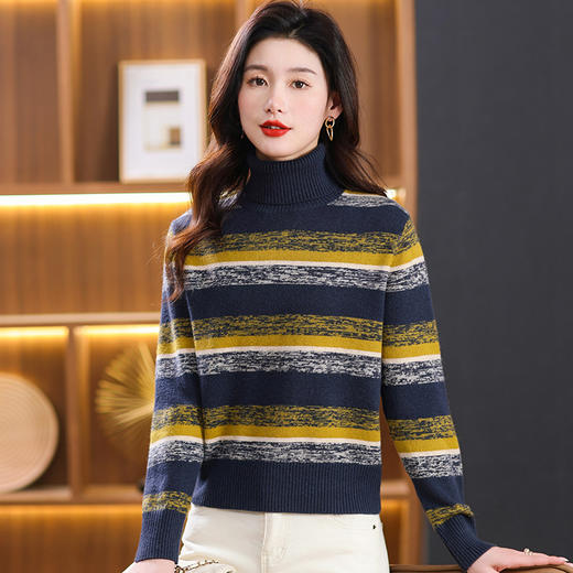 秋冬季新款，女士加厚条纹拼色打底衫高领洋气宽松内搭翻领毛衣CC-101-35363 商品图3