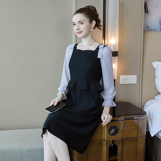 奢姿2024春季新款大码女装撞色荷叶袖裙子胖妹妹方领蝴蝶结连衣裙9941826088 商品图2