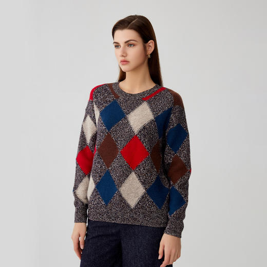 【菱形印花羊绒衫】羊绒世家秋冬新品女士100%山羊绒圆领内搭保暖毛衣 商品图1