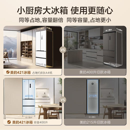 美的 MR-421WUFPZE 421升超薄可嵌入式一级变频除菌法式多门四开门家用无霜白色大容量智能电冰箱 极地白-锦缎 商品图1