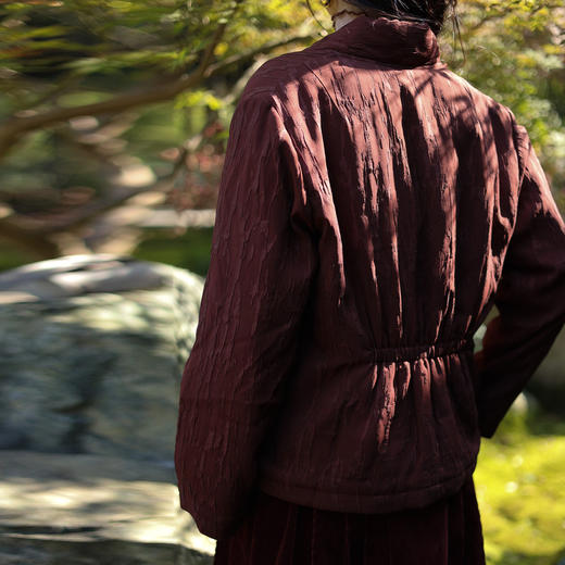 绽放959/高端香云纱提花红棕色真丝桑蚕丝中式复古盘扣棉服外套 商品图2