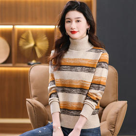 秋冬季新款，女士加厚条纹拼色打底衫高领洋气宽松内搭翻领毛衣CC-101-35363