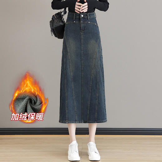 KKM-563-63复古风修身半身裙女2023秋冬新款a字中长款高腰加绒加厚牛仔a字裙 商品图1