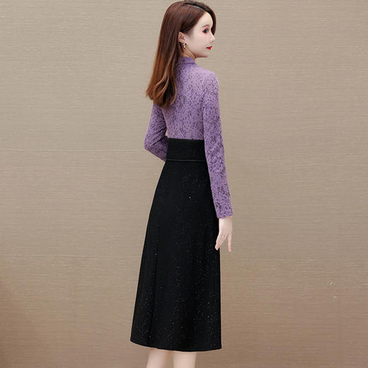 时尚气质厚款连衣裙，拼结蕾丝网纱针织假两件高腰连衣裙QYM-KED-63153-Y 商品图2