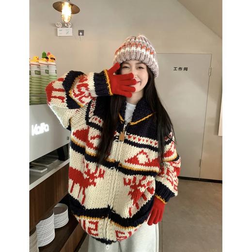 秋冬慵懒风【复古氛围感提花毛衣外套女装】圣诞麋鹿 宽松针织开衫上衣 商品图3