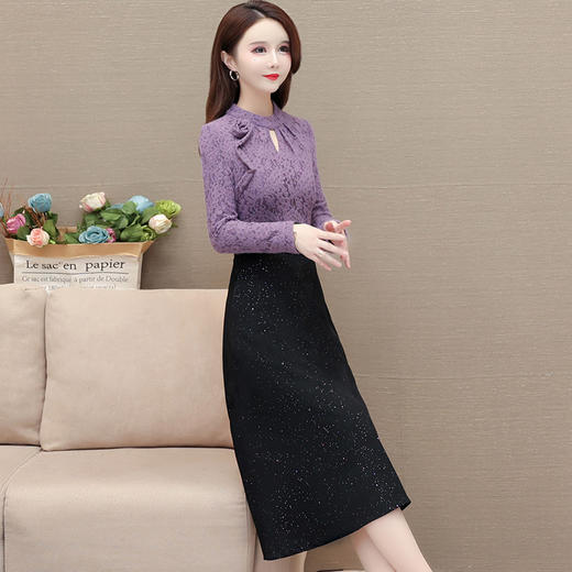 时尚气质厚款连衣裙，拼结蕾丝网纱针织假两件高腰连衣裙QYM-KED-63153-Y 商品图1