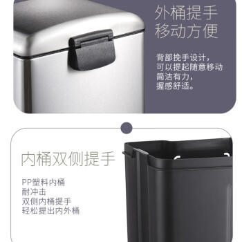 欧润哲垃圾桶脚踏开盖 大号20L鼓型不锈钢办公楼厨房客厅卫生间家用静音 商品图3