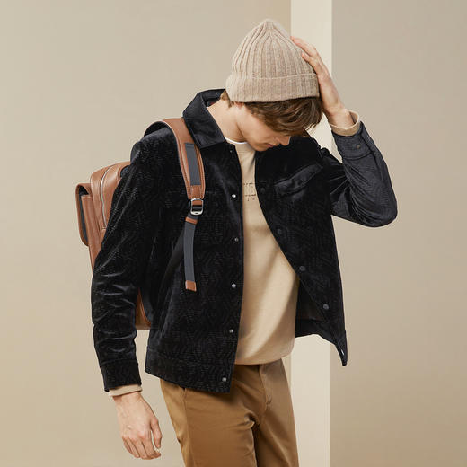 【丝绒面料】柒牌夹克外套男秋季新款时尚潮流黑色工装翻领茄克衫	125K70480 商品图1