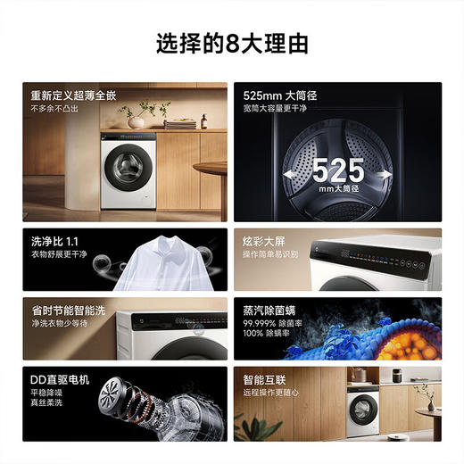 米家小米10公斤滚筒洗衣机全自动超薄全嵌机身525mm超大筒径1.1高洗净比直驱电机深层除螨 商品图1