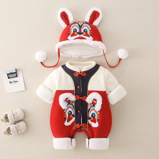 【宝宝印花虎头年服】宝宝虎头印花拜年服中国风新生婴儿新年红色保暖棉衣虎头帽两件套 商品图5