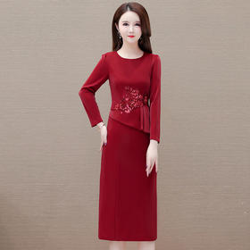 QYM-53B71红色通勤洋气假两件时尚连衣裙2024年新款圆领长袖修身优雅礼服裙