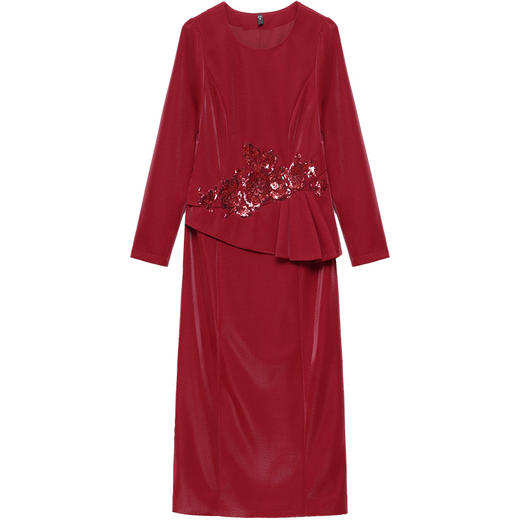 QYM-53B71红色通勤洋气假两件时尚连衣裙2024年新款圆领长袖修身优雅礼服裙 商品图4
