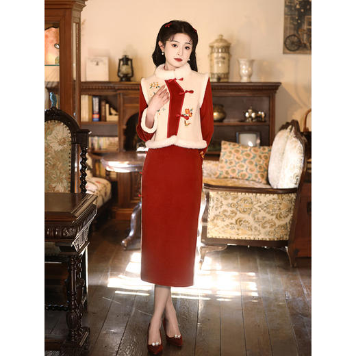 加厚毛呢刺绣拜年服，过年新年马甲+唐装旗袍两件套装LSB-2524 商品图0