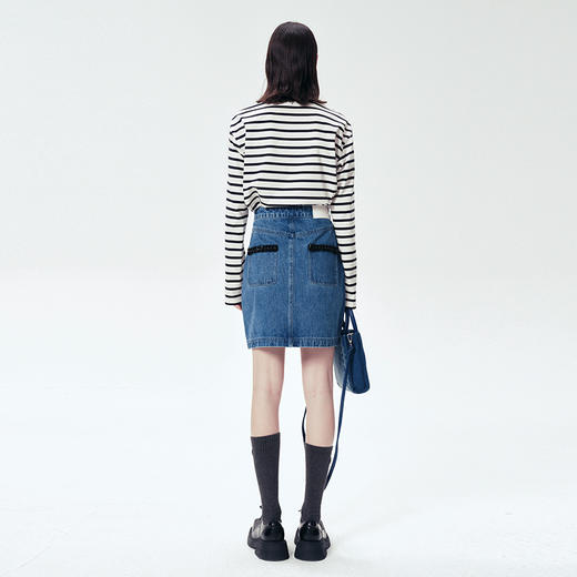 Self Who100%棉蓝色牛仔半裙女2024春新款设计感收腰显瘦a字短裙 商品图3