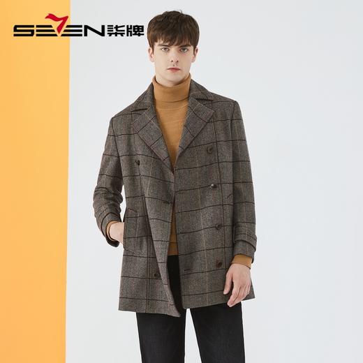 【特价】【含羊毛】柒牌毛呢大衣男冬季英伦风格子中长款双排扣翻领厚外套	125D70010 商品图0