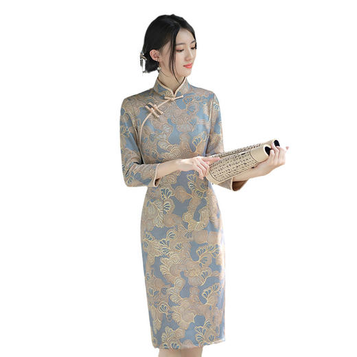 冬季旗袍传统中长款旗袍长袖麂皮绒旗袍烫金改良裙加绒 JY-70094加绒 商品图4