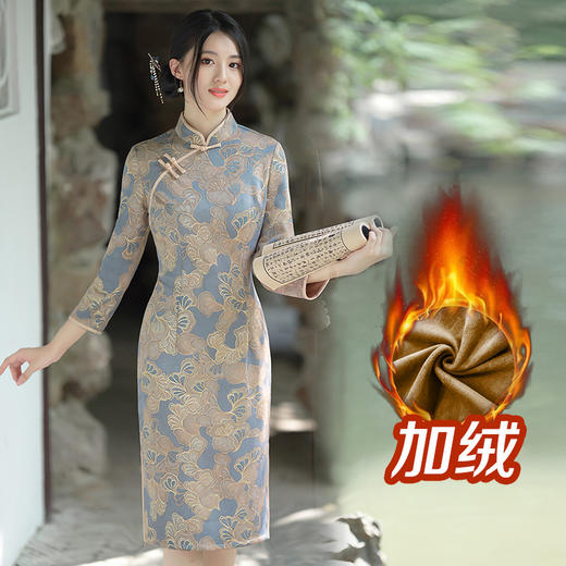 冬季旗袍传统中长款旗袍长袖麂皮绒旗袍烫金改良裙加绒 JY-70094加绒 商品图3