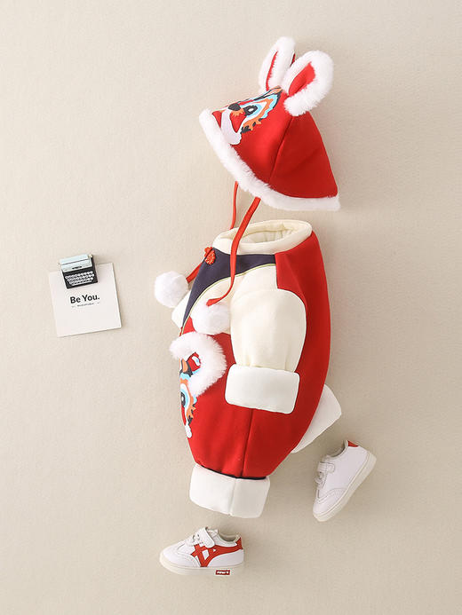 【宝宝印花虎头年服】宝宝虎头印花拜年服中国风新生婴儿新年红色保暖棉衣虎头帽两件套 商品图4