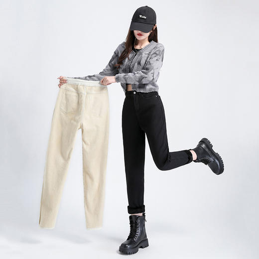 「加不加绒可选！冬季新款」杏色直筒哈伦牛仔裤女秋冬高腰宽松显瘦萝卜老爹裤加绒加厚米白色裤子下装 商品图1