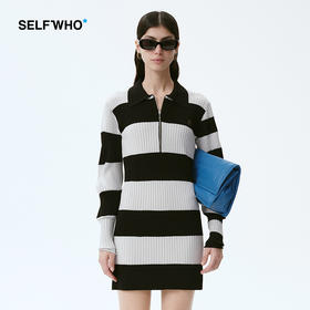 Self Who黑白条纹针织连衣裙女2024春新款收腰显瘦长袖设计感裙子