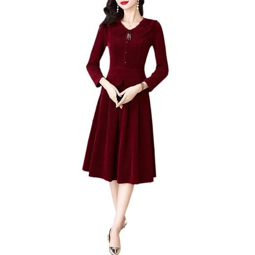 ALBB-2023冬季新款韩版气质娃娃领灯芯绒上衣高腰半身裙新年红色套装 商品图4