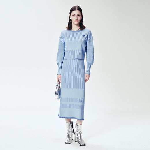 Self Who蓝色条纹针织半身裙女2024春新款宽松直筒休闲设计感裙子 商品图1
