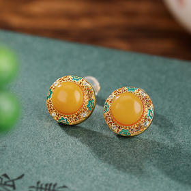 ED02741S925纯银镀金复古蜜蜡珐琅如意镂空圆形耳钉气质百搭女耳饰