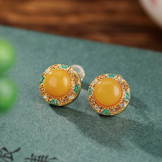ED02741S925纯银镀金复古蜜蜡珐琅如意镂空圆形耳钉气质百搭女耳饰 商品图0