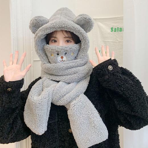 「四件套！温暖一冬」冬天口罩帽子围巾一体手套围脖连帽女可爱保暖小熊帽子围巾一体保暖防风护耳毛绒帽配饰 商品图8