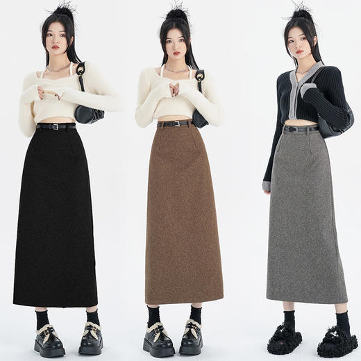 KQL 435H8126休闲半身裙开叉高腰西装毛呢裙 商品图0
