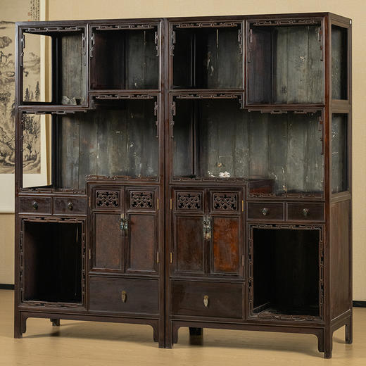 清 红木镶瘿木透雕如意纹博古柜（一对） 商品图4