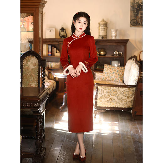 加厚毛呢刺绣拜年服，过年新年马甲+唐装旗袍两件套装LSB-2524 商品图3