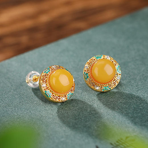 ED02741S925纯银镀金复古蜜蜡珐琅如意镂空圆形耳钉气质百搭女耳饰 商品图1