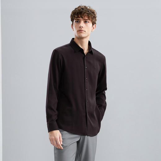 【含羊毛】柒牌男装长袖衬衫男秋冬新款条纹提花撞色黑色翻领衬衣	125A70050 商品图1