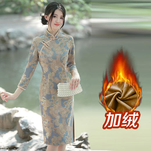 冬季旗袍传统中长款旗袍长袖麂皮绒旗袍烫金改良裙加绒 JY-70094加绒 商品图0