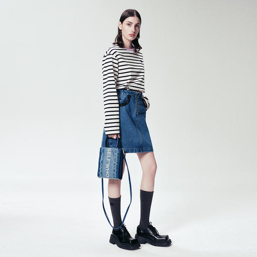 Self Who100%棉蓝色牛仔半裙女2024春新款设计感收腰显瘦a字短裙 商品图2