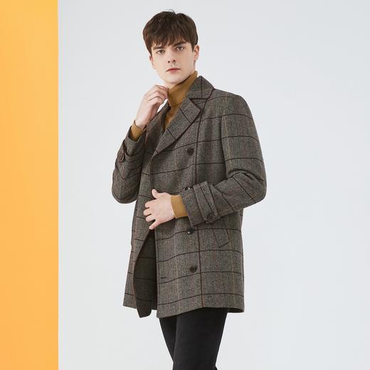 【特价】【含羊毛】柒牌毛呢大衣男冬季英伦风格子中长款双排扣翻领厚外套	125D70010 商品图1