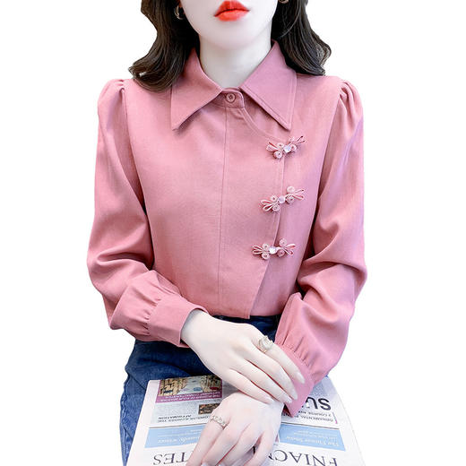 AHM-758新中式复古盘扣粉色衬衫女2024春季新款时尚气质优雅国风长袖上衣 商品图4