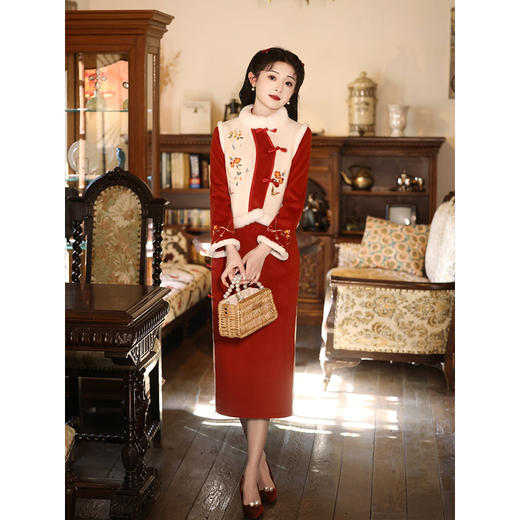 加厚毛呢刺绣拜年服，过年新年马甲+唐装旗袍两件套装LSB-2524 商品图2