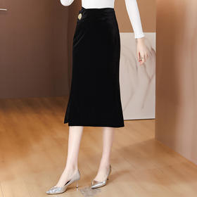 AHM-5906复古金丝绒黑色半身裙女2024春季新款气质优雅修身显瘦开叉包臀裙