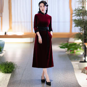 SYG-706旗袍冬款加厚韩国绒长款时尚显瘦复古高档连衣裙